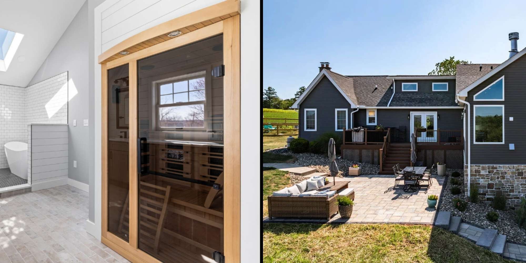 Bathroom sauna and a patio with stone landscaping by Doxa Custom Homes