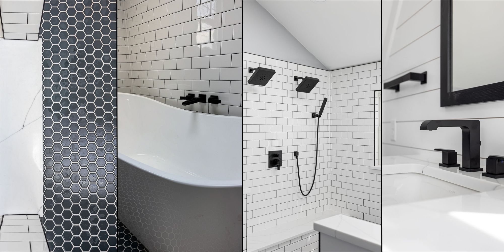 Elegant bathroom with designer tilework and bold black accents by Doxa Custom Homes